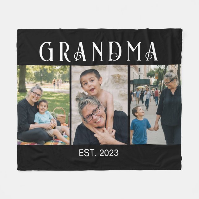 Grandma Established Bold Modern Black 3 Photo Fleece Blanket (Front (Horizontal))