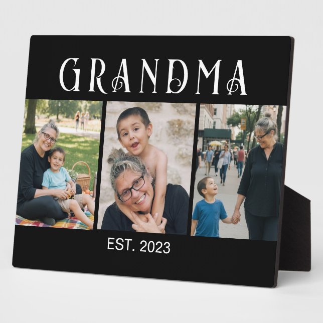 Grandma Established Bold Modern Black 3 Photo Plaque (Side)