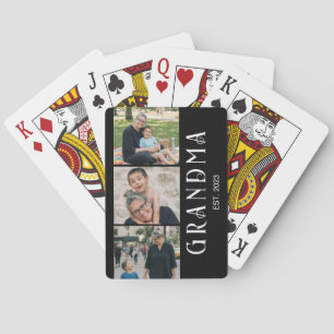 Grandma Established Bold Modern Black 3 Photo Playing Cards