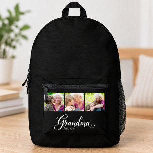 Grandma Established Elegant Black Script 3 Photo Printed Backpack