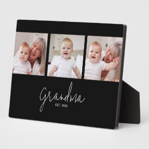 Grandma Established Elegant Bold Black 3 Photo Plaque