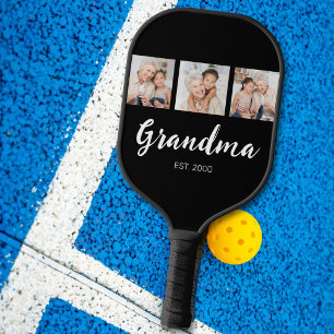 Grandma Established Elegant Script 3 Photo Black Pickleball Paddle
