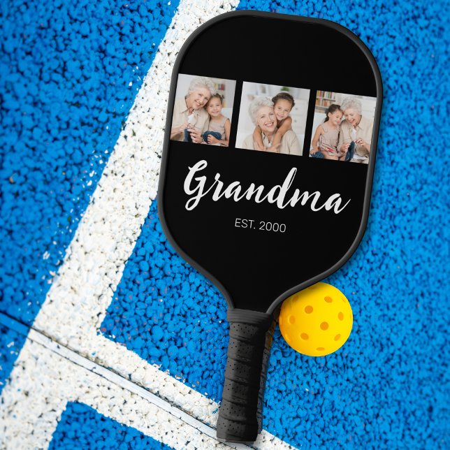 Grandma Established Elegant Script 3 Photo Black Pickleball Paddle (Creator Uploaded)