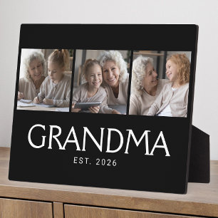Grandma Established Elegant Script Black 3 Photo Plaque