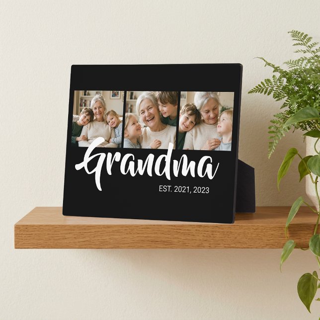 Grandma Established Elegant Script Black 3 Photo Plaque (Grandma Established Elegant Script Black 3 Photo Plaque)