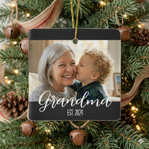 Grandma Established Minimalist White Script Text Ceramic Ornament