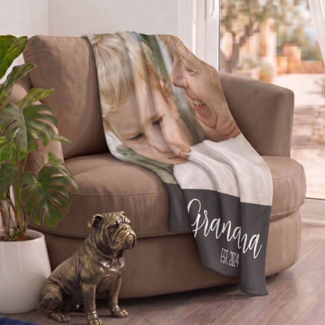 Grandma Established Minimalist White Script Text Fleece Blanket (Creator Uploaded)