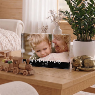 Grandma Established Minimalist White Script Text Photo Block