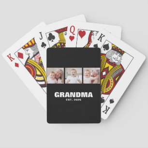 Grandma Established Modern Bold Black 3 Photo Playing Cards