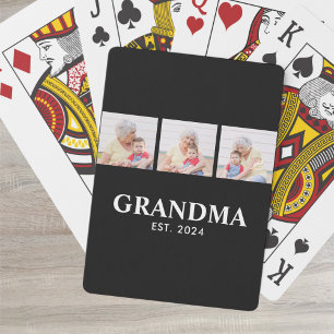 Grandma Established Modern Bold Black 3 Photo Playing Cards