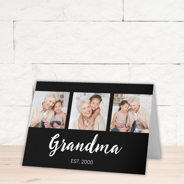 Grandma Established Modern Script 3 Photo Black Card (Creator Uploaded)
