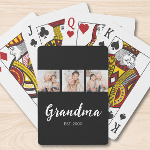 Grandma Established Modern Script 3 Photo Black  Playing Cards