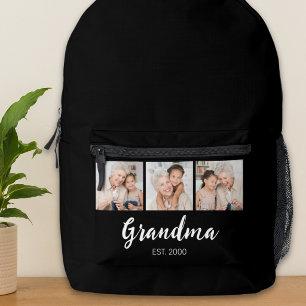 Grandma Established Modern Script 3 Photo Black Printed Backpack