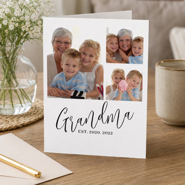 Grandma Established Modern Script  3 Photo Card (Creator Uploaded)