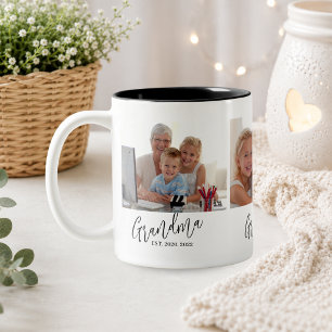 Grandma Established Modern Script 3 Photo Two-Tone Coffee Mug