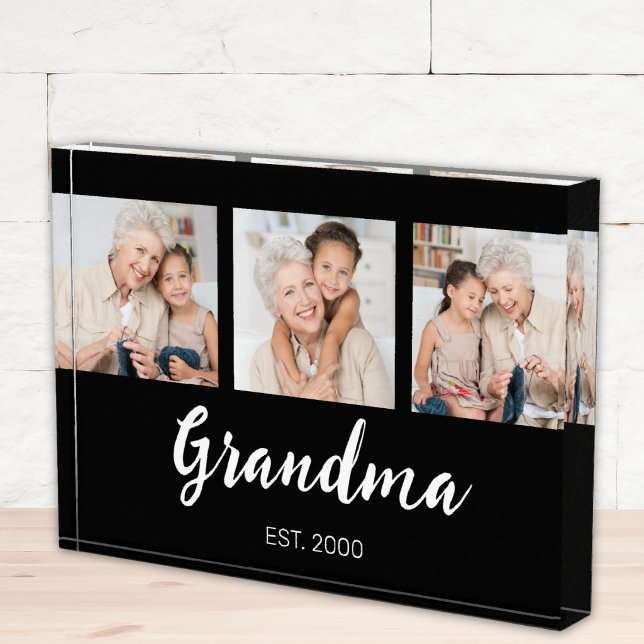 Grandma Established Modern Script Black 3 Photo Block (Creator Uploaded)