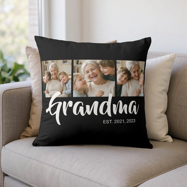 Grandma Established Modern Script Black 3 Photo Cushion (Grandma Established Modern Script Black 3 Photo Throw Pillow)