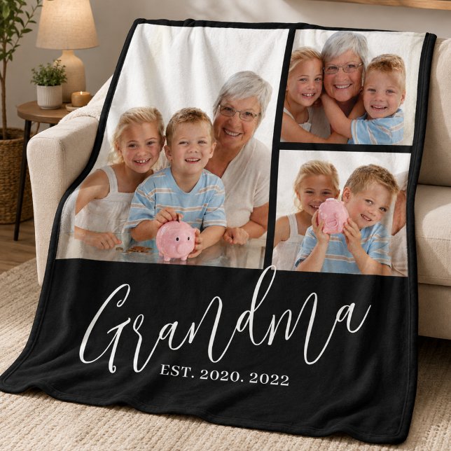 Grandma Established Modern Script Black 3 Photo Fleece Blanket (Creator Uploaded)