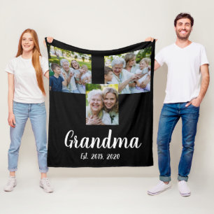 Grandma Established Modern Script Black 3 Photo Fleece Blanket