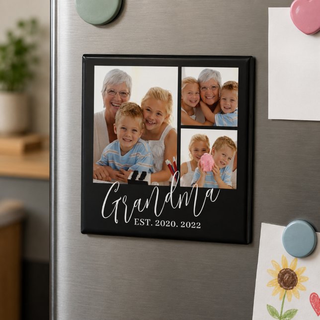 Grandma Established Modern Script Black 3 Photo Magnet (Creator Uploaded)