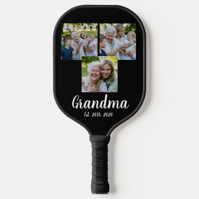 Grandma Established Modern Script Black 3 Photo Pickleball Paddle (Front)