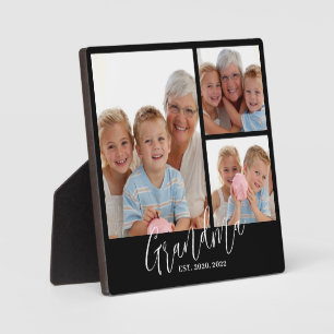 Grandma Established Modern Script Black 3 Photo Plaque