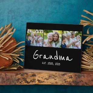 Grandma Established Modern Script Black 3 Photo Plaque