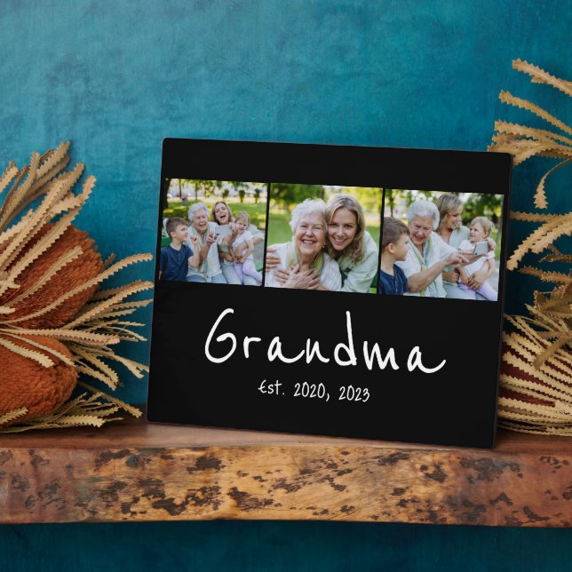 Grandma Established Modern Script Black 3 Photo Plaque (Side)