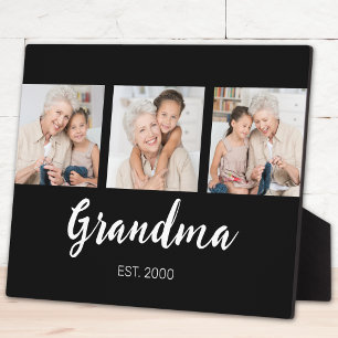 Grandma Established Modern Script Black 3 Photo Plaque