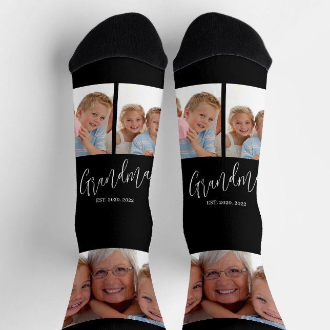 Grandma Established Modern Script Black 3 Photo Socks (Top)