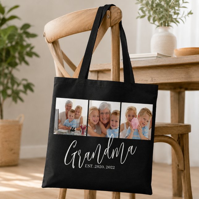 Grandma Established Modern Script Black 3 Photo Tote Bag (Creator Uploaded)