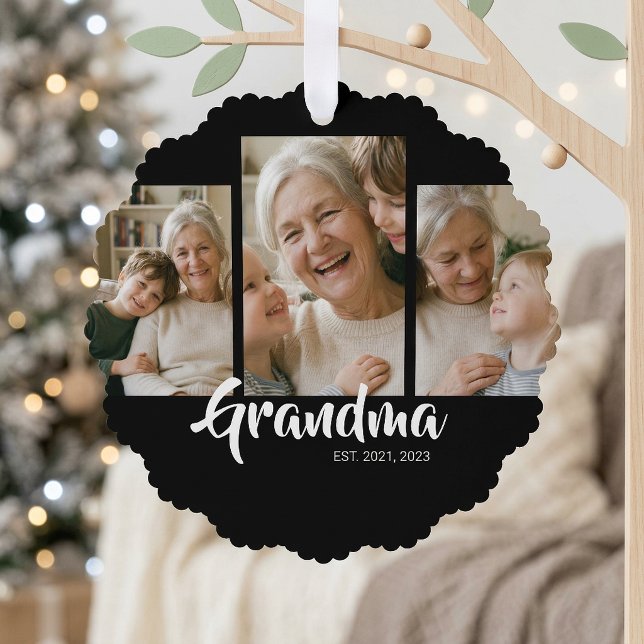 Grandma Established Modern Script Black 3 Photo Tree Decoration Card (Grandma Established Modern Script Black 3 Photo Ornament Card)