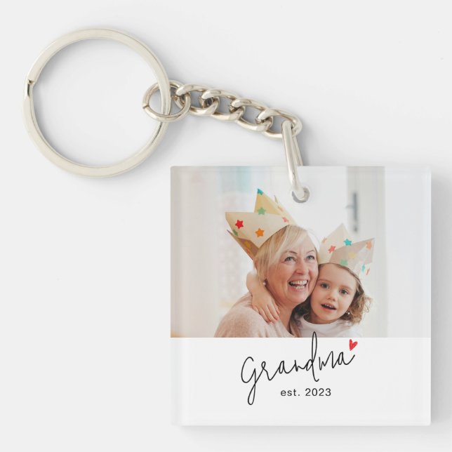 Grandma Established Modern Script Photo Key Ring (Front)