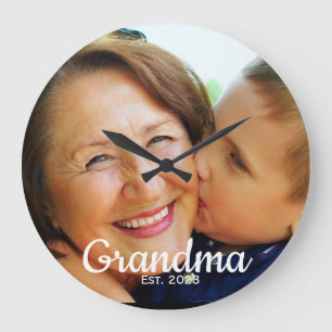 Grandma Established Modern Script Photo  Large Clock