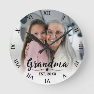 Grandma Established Modern Script Photo Round Clock