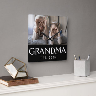 Grandma Established Modern White Typography Photo Square Wall Clock
