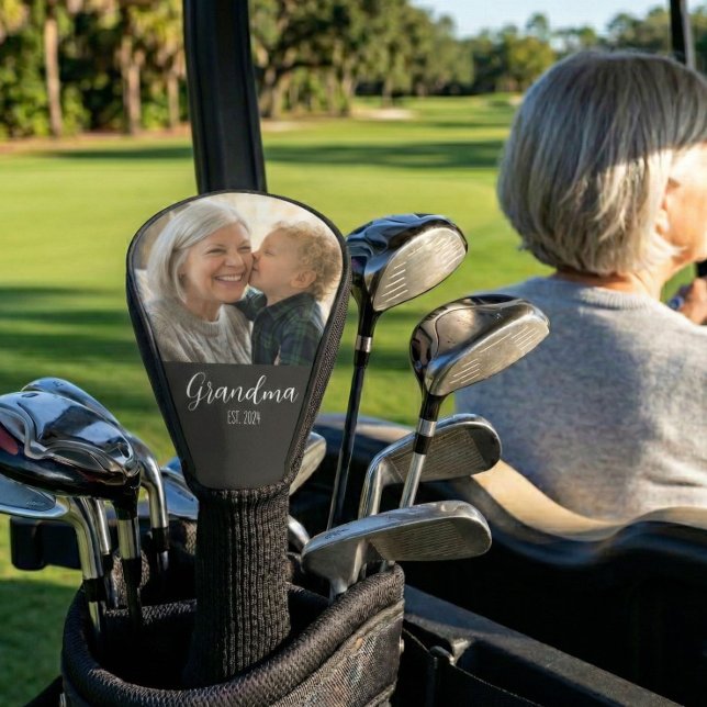 Grandma Established Photo White Script Text  Golf Head Cover (Creator Uploaded)