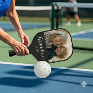 Grandma Established Photo White Script Text  Pickleball Paddle