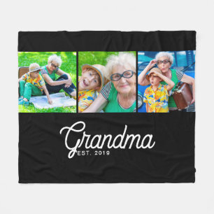 Grandma Established Script Black 3 Photo Fleece Blanket