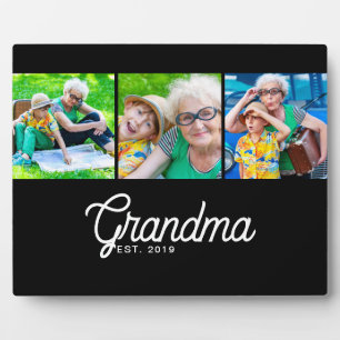 Grandma Established Script Black 3 Photo Plaque