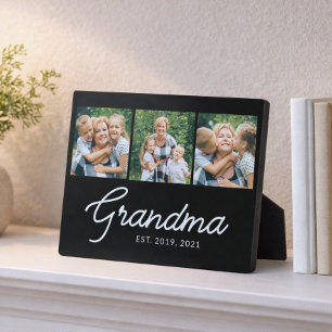 Grandma Established Script Black 3 Photo Plaque