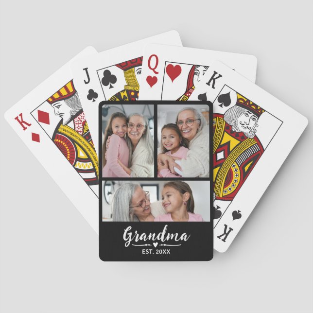 Grandma Established Script Black 3 Photo Playing Cards (Back)