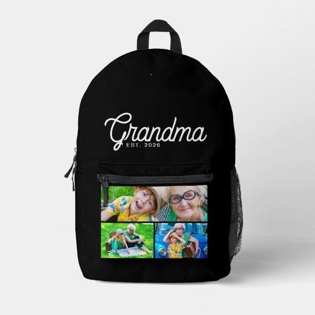 Grandma  Established Script Black 3 Photo Printed Backpack (Front)