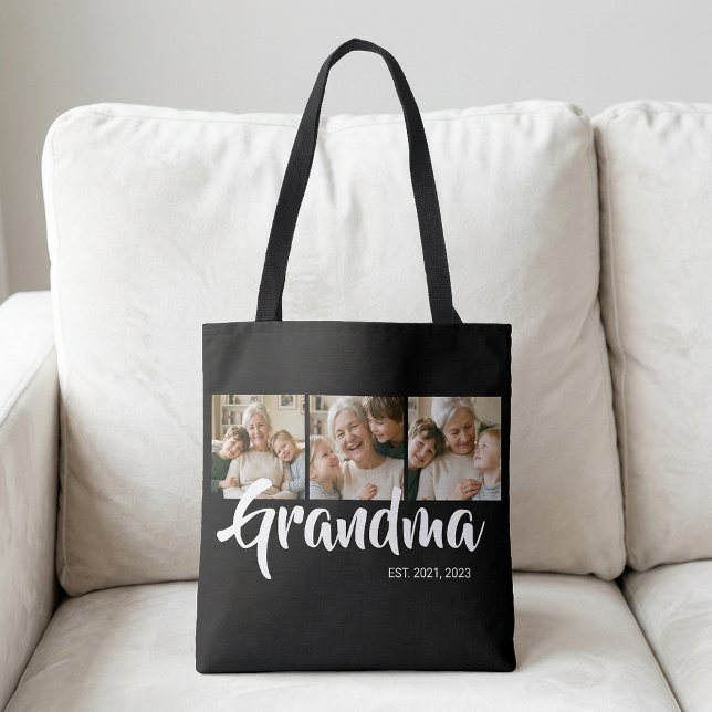 Grandma Established Script Black 3 Photo Tote Bag (Grandma Established Script Black 3 Photo Tote Bag)