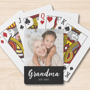 Grandma Established Script Black Photo Playing Cards