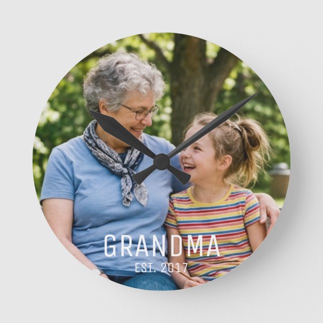 Grandma Established Script Black Photo  Round Clock (Front)