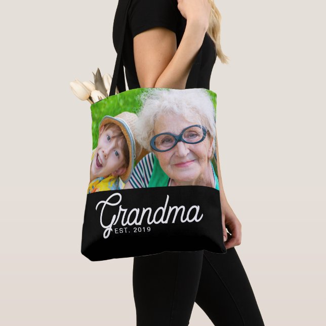 Grandma Established Script Black Photo Tote Bag (Close Up)