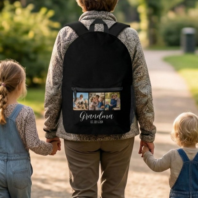 Grandma Established Script Gift 3 Photo Printed Backpack (Creator Uploaded)