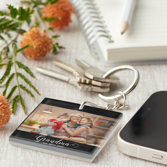 Grandma Established Script Gift Photo Key Ring (Front Right)