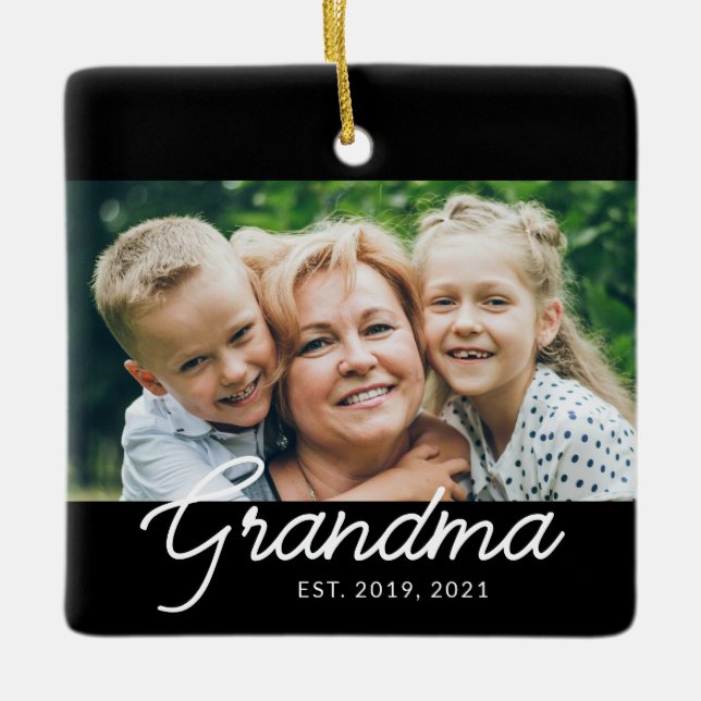 Grandma Established Script Photo Ceramic Ornament (Front)